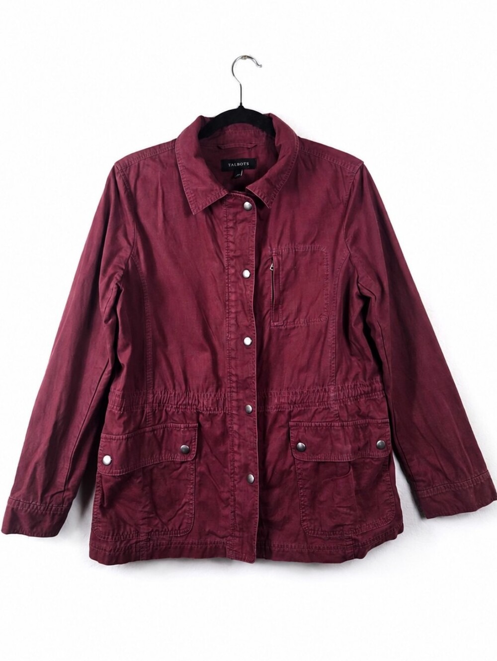 Burgundy Cotton Twill Safari Utility Field Jacket Cinch Waist Military Size M